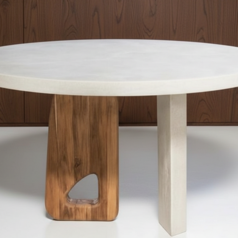 Memphis Dining Table by Gola Home, modern concrete dining table with a white concrete top, a sculptural curved concrete base, and a solid wood leg with a hollow cut-out detail, made in the Dominican Republic.