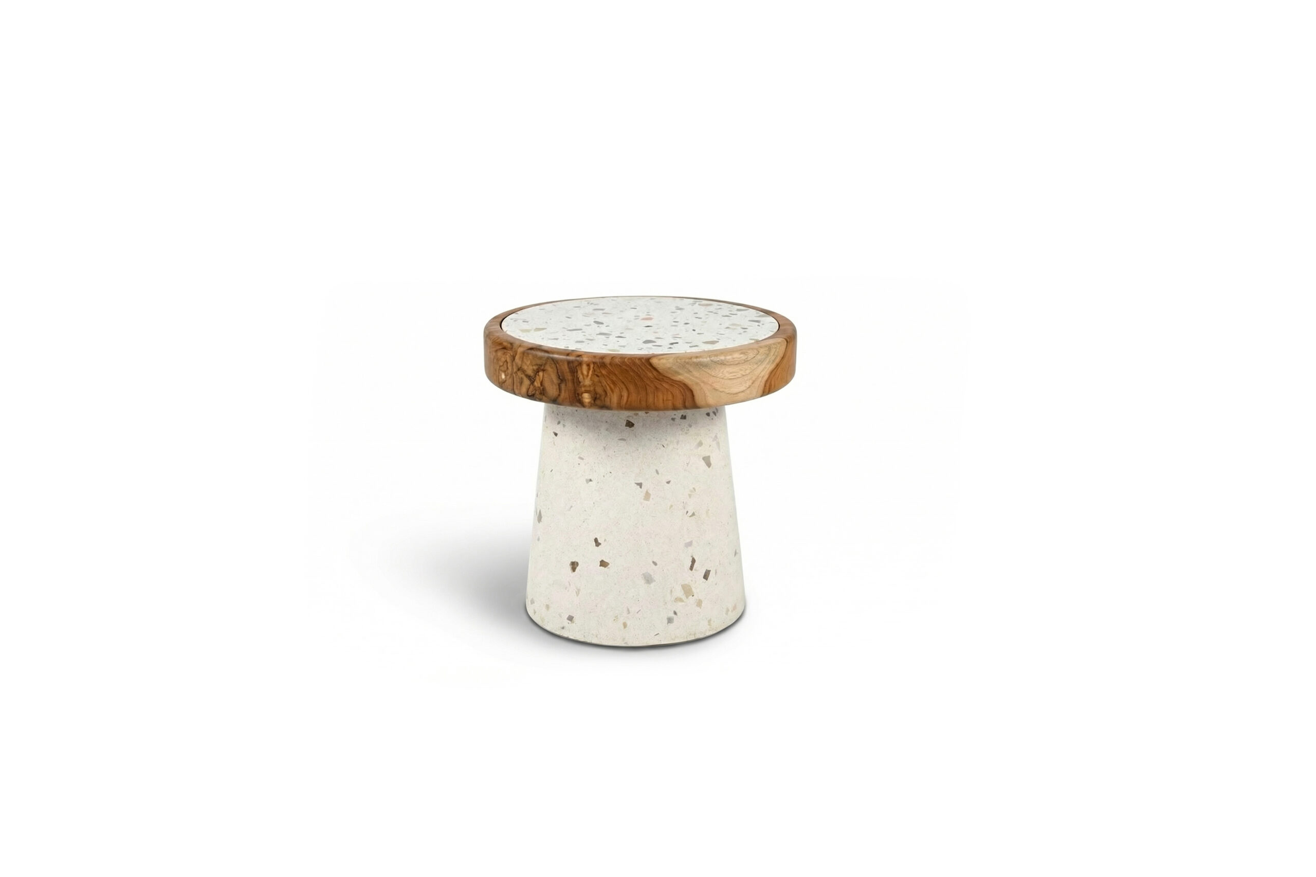 Ottoman C1 Terrazzo with a conical white concrete base featuring earthy terrazzo aggregate and a wooden top with terrazzo inlay, sculptural side table measuring 45 x 45 x 45 cm.