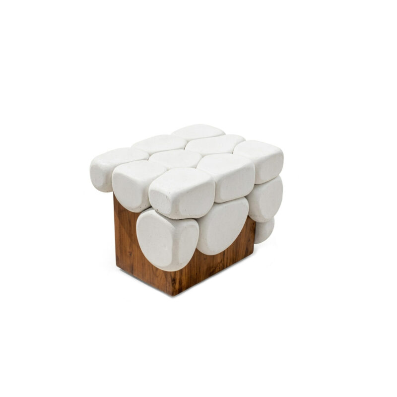 Selva contra Selva Bench by Gola Home, sculptural concrete furniture from the Dominican Republic featuring organic concrete “bubbles” over a natural wood base.