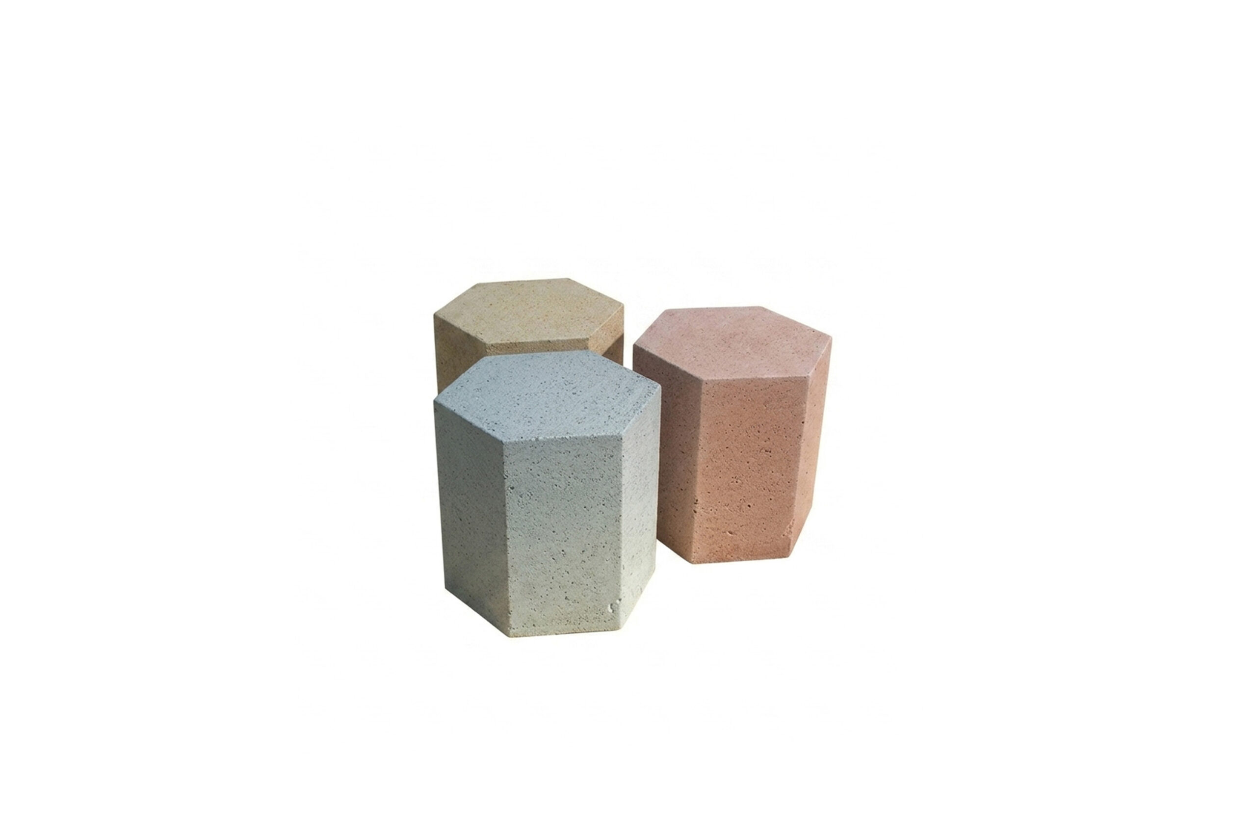 Hexagonal concrete ottoman in solid concrete available in various colors, multifunctional indoor and outdoor seating and side table.