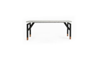 Floating console table in white veined concrete with hidden black metal structure and solid wood base, modern sculptural furniture by Gola Home, handcrafted in the Dominican Republic.