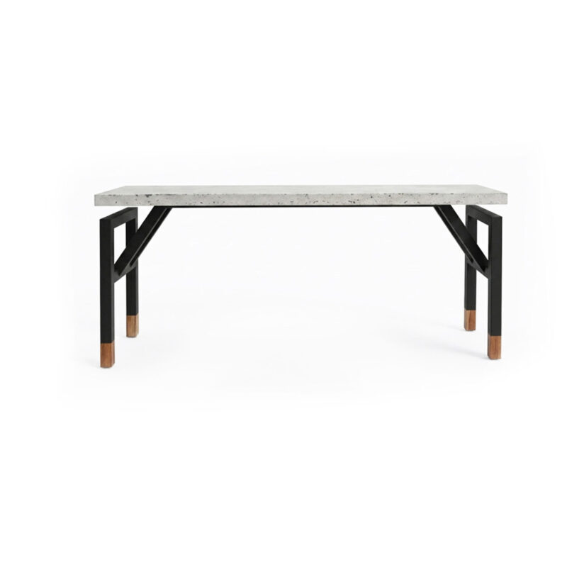 Floating console table in white veined concrete with hidden black metal structure and solid wood base, modern sculptural furniture by Gola Home, handcrafted in the Dominican Republic.