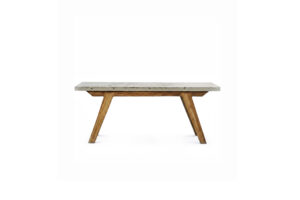 Modern concrete and wood M console table, clean lines and minimalistic design for indoors and outdoor spaces.