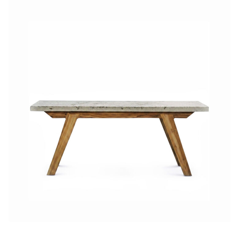 Modern concrete and wood M console table, clean lines and minimalistic design for indoors and outdoor spaces.