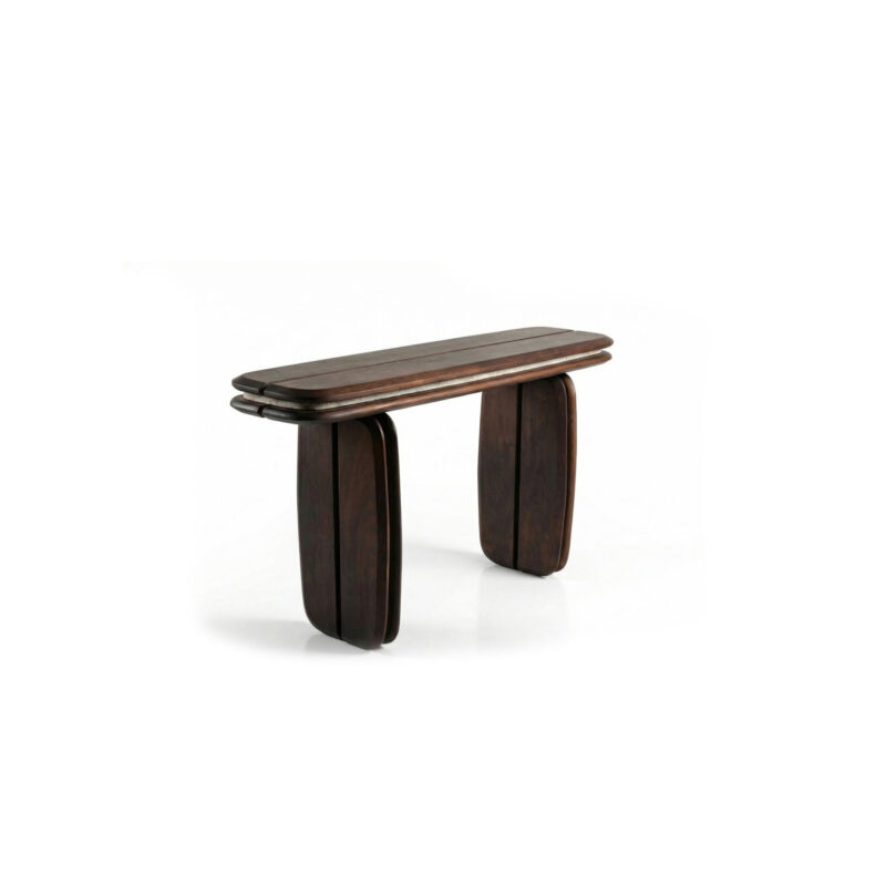 medianoche console table made by Gola in the Dominican Republic, crafted from wood with integrated concrete elements and rounded legs and surface.