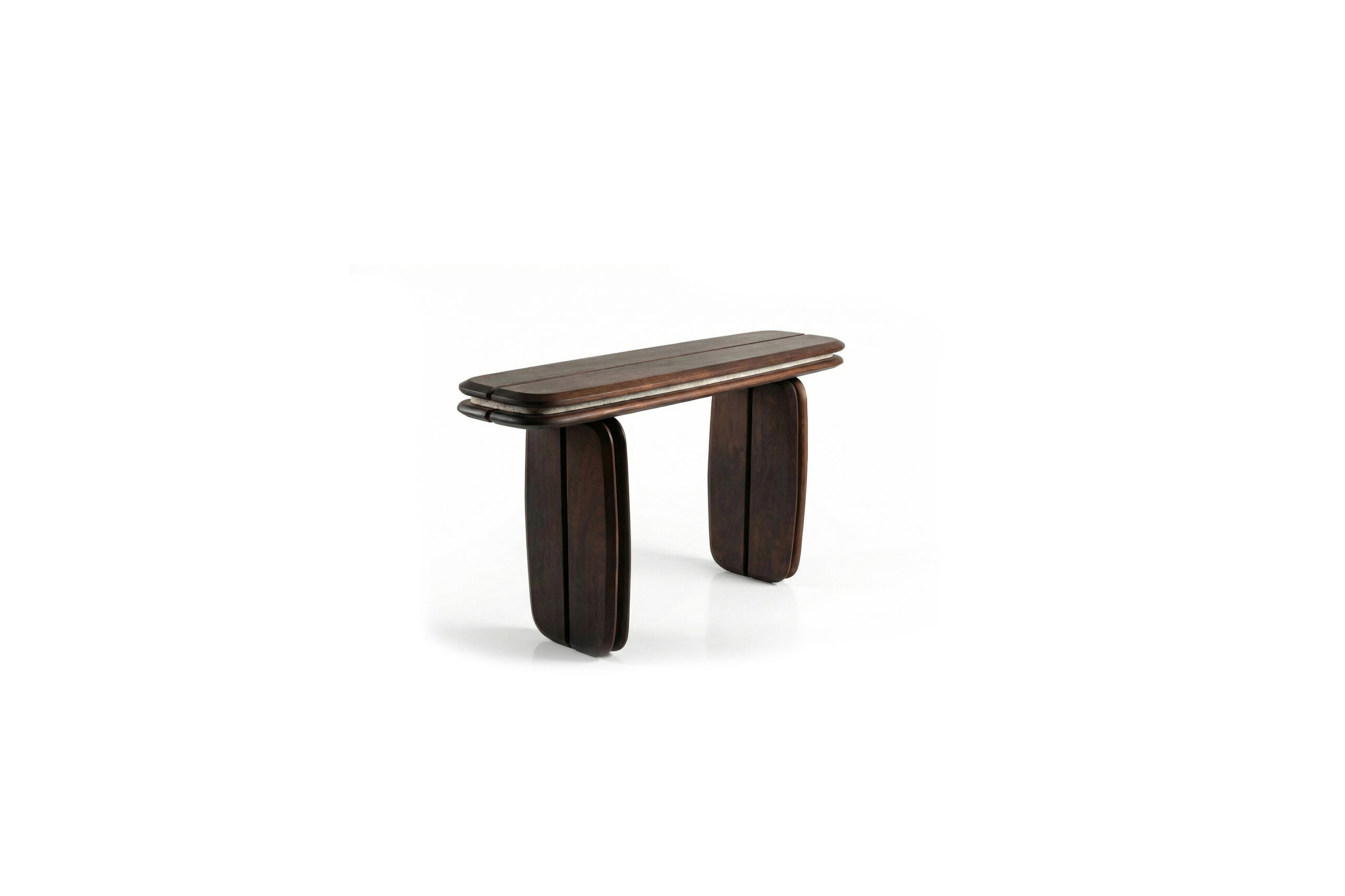 medianoche console table made by Gola in the Dominican Republic, crafted from wood with integrated concrete elements and rounded legs and surface.