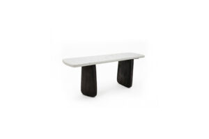 Organic console table with asymmetrical burnt wood legs and a rectangular polished concrete top with curved edges, perfect for modern interiors.