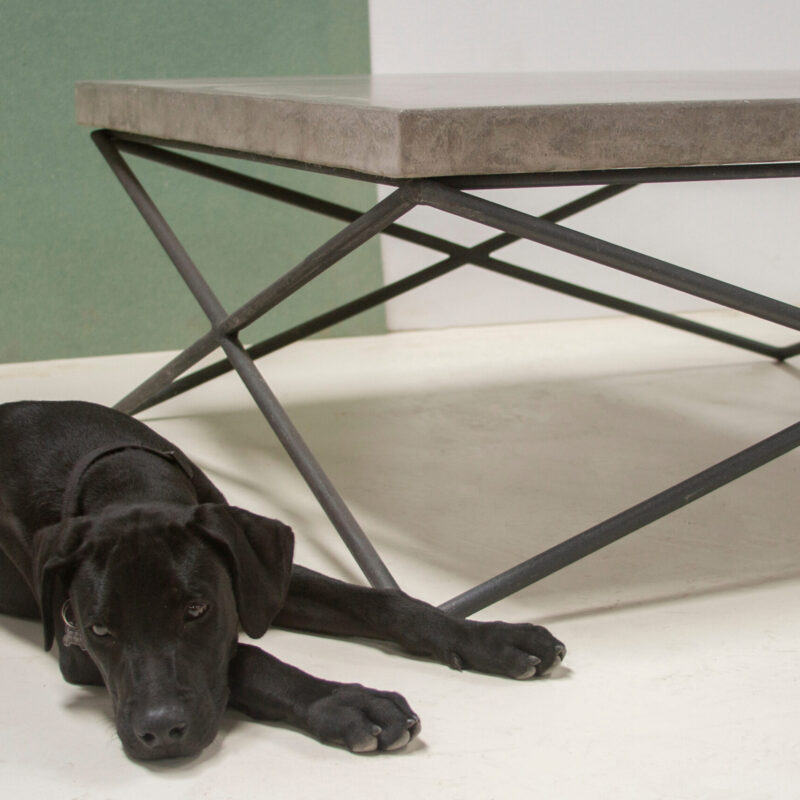X Coffee Table by Gola Home Dominican Republic with solid concrete top and metal base, modern industrial coffee table design.